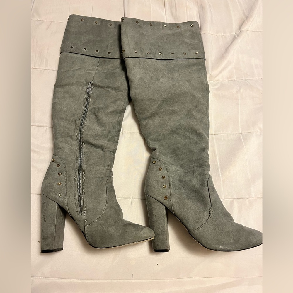 Gray over the knee faux suede boots